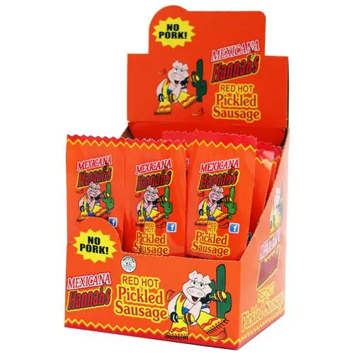 MEXICANA HANNAHS RED HOT PICKLED SAUSAGE 50CT (NO PORK)