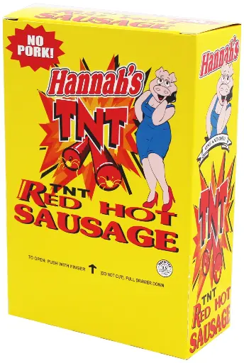 [727968512597] HANNAHS RED HOT SAUSAGE 50CT (NO PORK)
