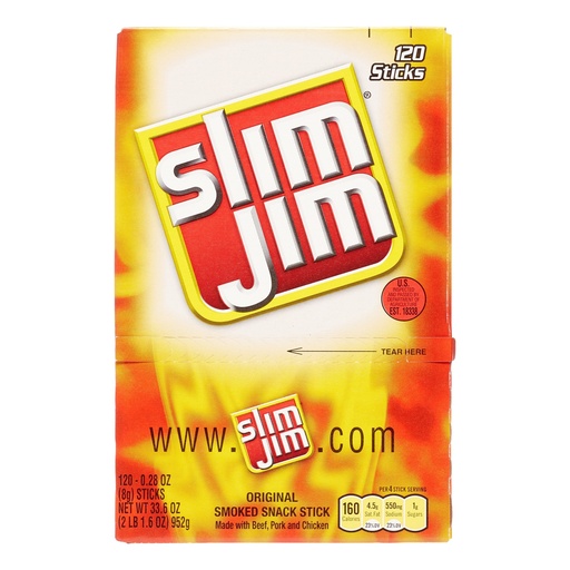 [026200362151] Slim Jim Beef Jerky Meat Sticks Original, 0.28 Oz Stick, 120 Sticks